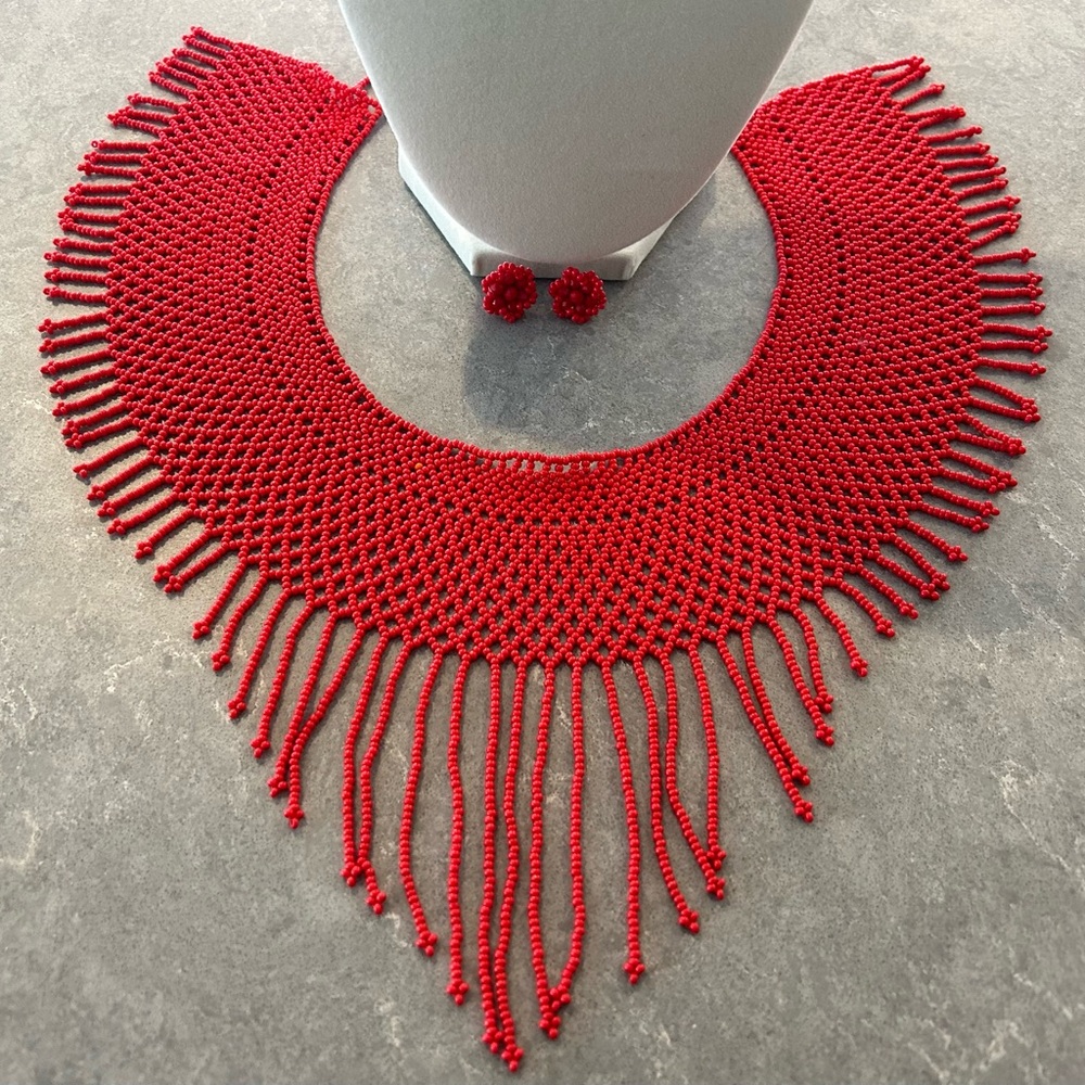 Chic Red Beaded Necklace and Earring Set